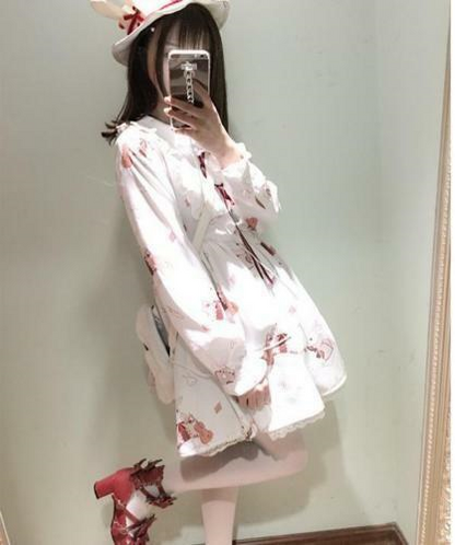 Girl's Lolita Dress Vintage Rabbit Musical Instrument Print Long Sleeves Dress
