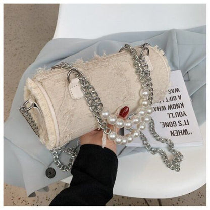 Pearl Chain Shoulder Bag Handbag Messenger Hand Cylinder Bag Purse 21*10*10 CM