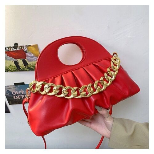 Handbag Thick Chain Handle Pleated Shell Bag Clutch Purses Crossbody Long Belt