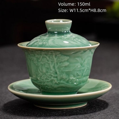 boutique gaiwan longquan celadon porcelain tureen shadow carved Sancai bowl lid