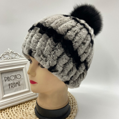 Hot Sale Knitted Pompom Hats Women Beanies Elastic Rabbit Fur Caps Real Fur Hats