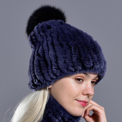 Hot Sale Knitted Pompom Hats Women Beanies Elastic Rabbit Fur Caps Real Fur Hats