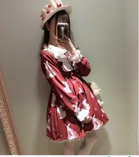 Girl's Lolita Dress Vintage Rabbit Musical Instrument Print Long Sleeves Dress