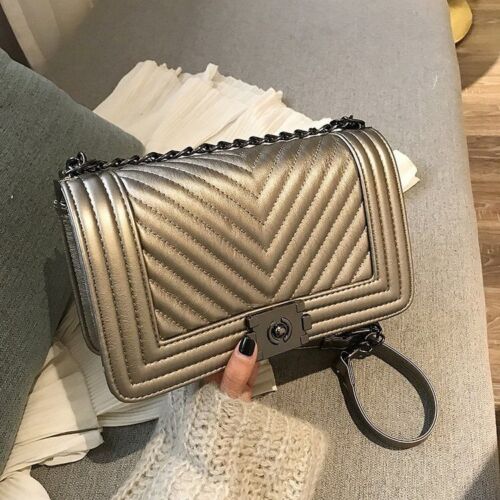 Chain Shoulder Bag V-Line Leather Crossbody Bags Lock Messenger Handbag 9 Colors