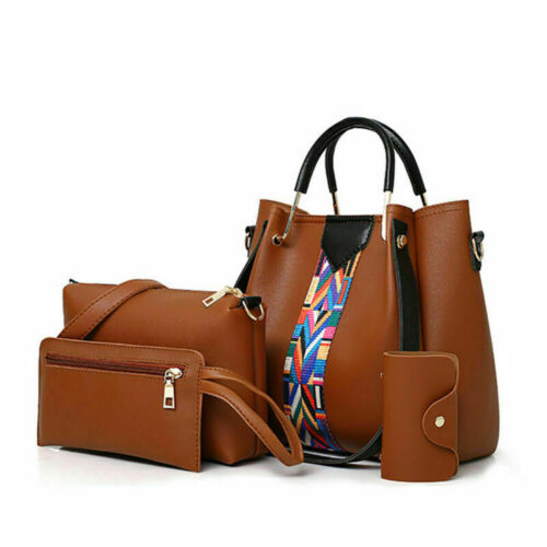 4PC Women PU Leather Handbag Shoulder Bag Crossbody Satchel Messenger Purse Tote