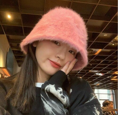 Hat Winter Women Solid Color Rabbit Fur Bucket Cap Fisherman Retro Knitted Wool