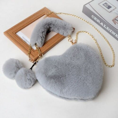 Faux Fur Winter Women Handbag Cute Heart Shaped Shoulder Bag Purse Messenger Bag