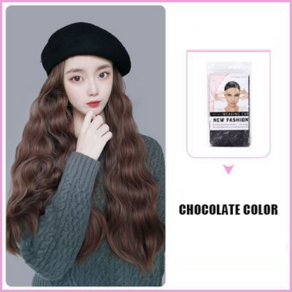 Women's Beret Wig Synthetic Long Wave Curly Hat Wig Hat One-piece Wig Keeps Warm