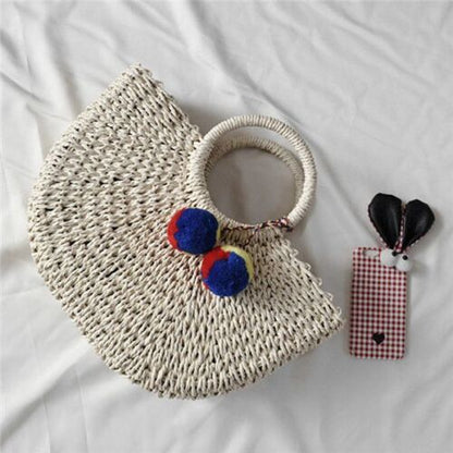 Handmade Bags Pompon Beach Weaving Straw Bag Wrapped Beach Moon Shaped Purses
