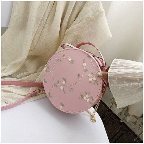 Small Flower Print Chain Shoulder Bag Lace Round Handbags Leather Crossbody Bags