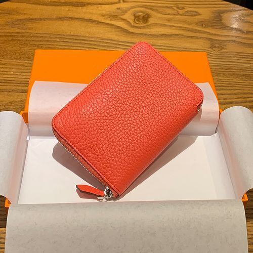 Genuine Leather Coin Bag Zipper Multi Card Pocket Wallets Purses Cotton Orange