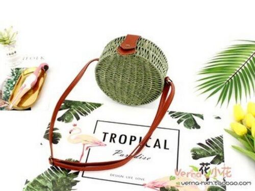 Women Summer Rattan Bag Round Straw Handmade Beach Bag Bohemia Handbag 1PC Green