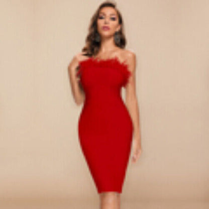 White Sexy Feathers Bandage Dresses For Women Pink Bodycon Dress Club