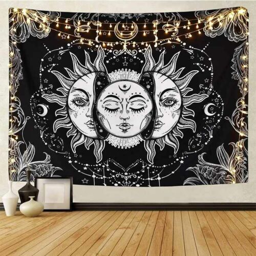 Psychedelic Tapestry White Black Sun Moon Mandala Wall Hanging Celestial Hippie