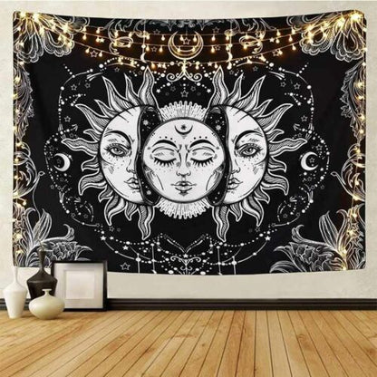 Psychedelic Tapestry White Black Sun Moon Mandala Wall Hanging Celestial Hippie