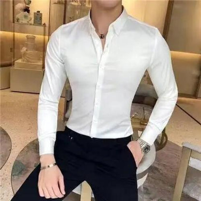 Camisa Ajustada De Seda De Hombres Ropa De Vestir Larga A Cuadros Elegante