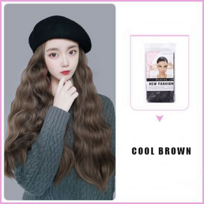 Women's Beret Wig Synthetic Long Wave Curly Hat Wig Hat One-piece Wig Keeps Warm