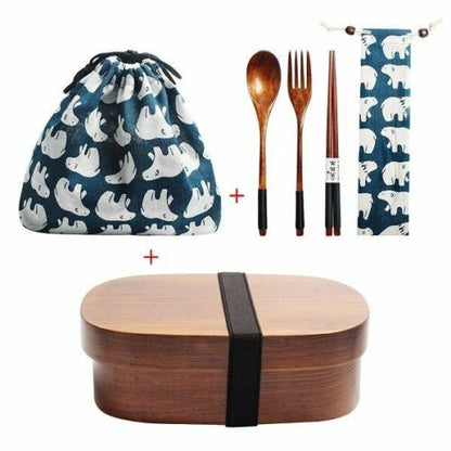 Wooden Lunch Box Picnic Japanese Bento School Kids Dinnerware Set Bag Spoon Fork