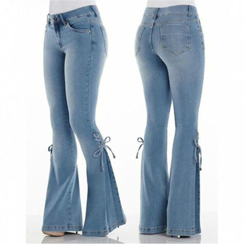 Slim Fit Trousers Womens Bowknot Flared Jeans Bell Bottoms Stretch Denim Pants