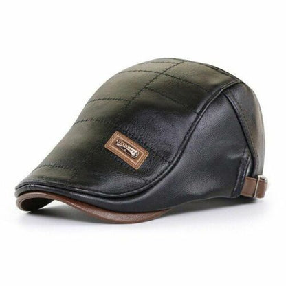 Winter Leather Cap Hat Warm Vintage Flat Casual Patchwork Beret Hiking Male