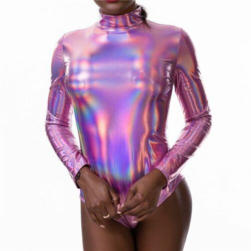 Women Bodysuit Long Sleeve O-neck Wet Look Back Zipper Skinny Playsuits Jumpsuit