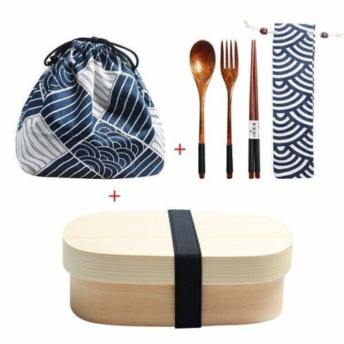Wooden Lunch Box Picnic Japanese Bento School Kids Dinnerware Set Bag Spoon Fork