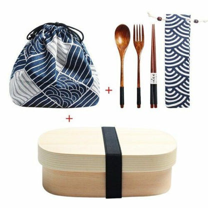 Wooden Lunch Box Picnic Japanese Bento School Kids Dinnerware Set Bag Spoon Fork