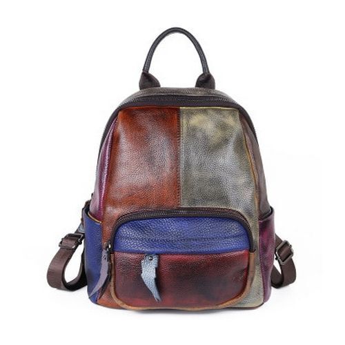 Cowhide Retro Style Genuine Leather Backpack Small School Knapsack Bag 20L Brown