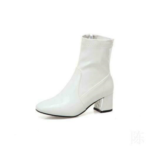 Women's Square Toe Ankle Boots Patent Leather Chunky Heels Leisure Zip Shoes New