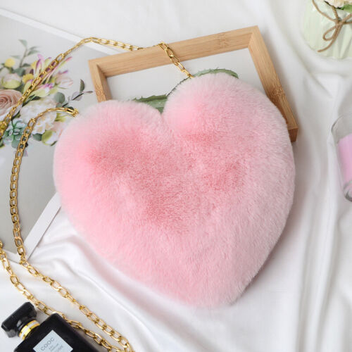 Womens Heart Shape Faux Fur Bag Shoulder Handbag Crossbody Bag Purse Zipper