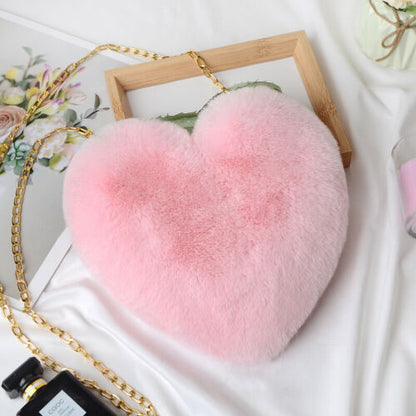 Womens Heart Shape Faux Fur Bag Shoulder Handbag Crossbody Bag Purse Zipper