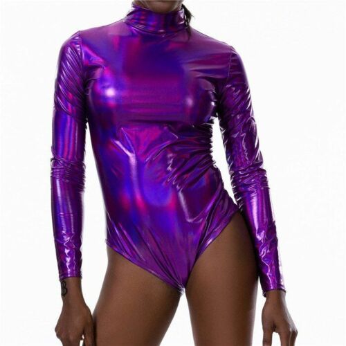 Women Bodysuit Long Sleeve O-neck Wet Look Back Zipper Skinny Playsuits Jumpsuit