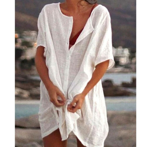 Plus Size Women Short Sleeve Baggy Long Blouse Shirt Mini Dress Beach Tunic Tops