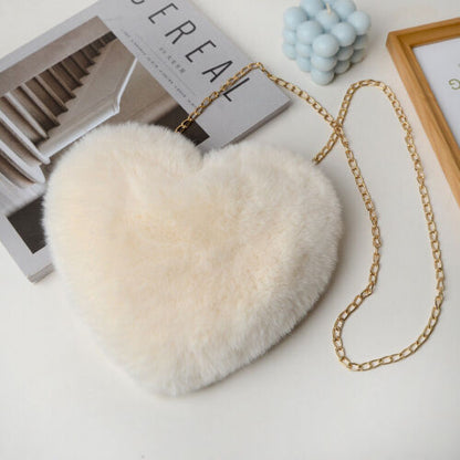 Womens Heart Shape Faux Fur Bag Shoulder Handbag Crossbody Bag Purse Zipper