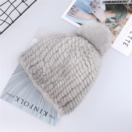 Real Mink Fur Hat Women Knitted Beanie Cap with Fur Pom Poms Thick Cap Elastic