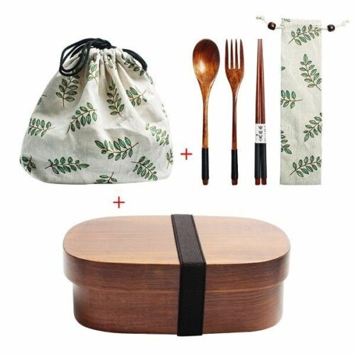 Wooden Lunch Box Picnic Japanese Bento School Kids Dinnerware Set Bag Spoon Fork