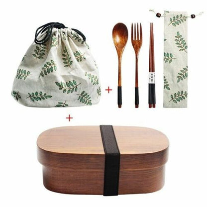 Wooden Lunch Box Picnic Japanese Bento School Kids Dinnerware Set Bag Spoon Fork