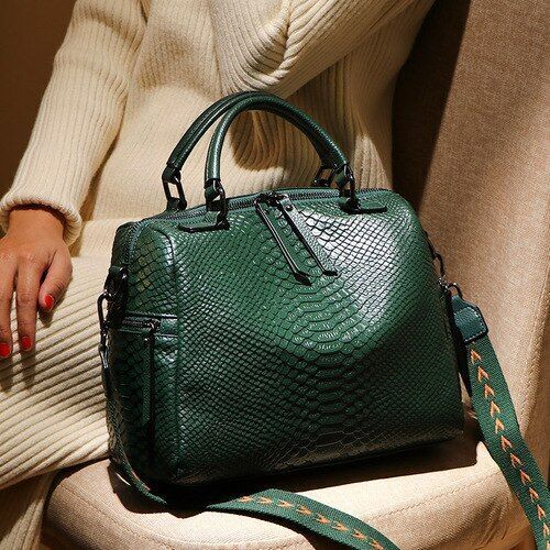 Crocodile Pattern Handbag Genuine Leather Elegant Shoulder Bag Wide Strap Totes