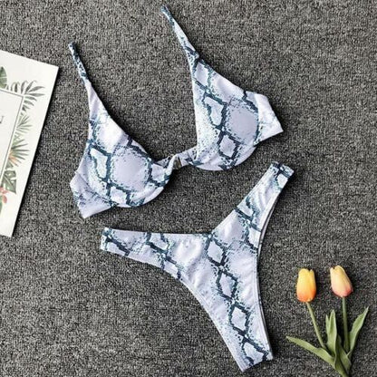 Women Swimsuit V-bar Underwired Ribbed Thong Swimwear Two-pieces Bikini Push Up