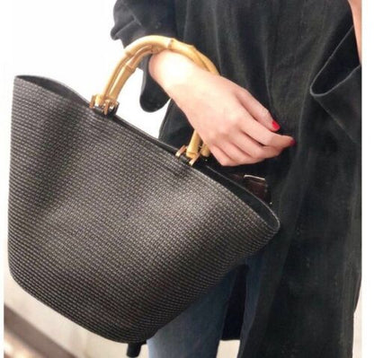 Fashion Bag Shoulder Striped Straw Bamboo Handle Handbag Woven Bags Purse Hasp