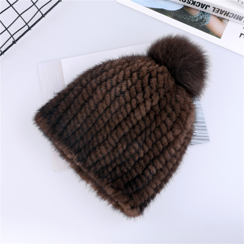 Real Mink Fur Hat Women Knitted Beanie Cap with Fur Pom Poms Thick Cap Elastic