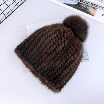 Real Mink Fur Hat Women Knitted Beanie Cap with Fur Pom Poms Thick Cap Elastic