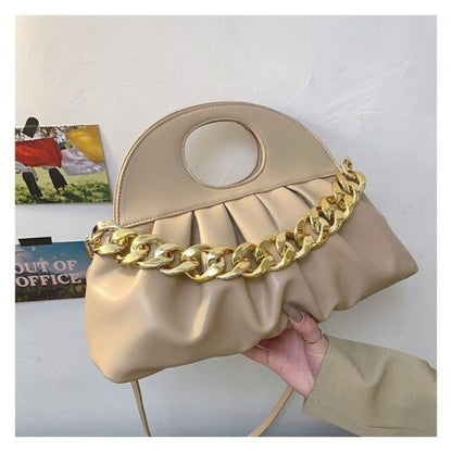 Handbag Thick Chain Handle Pleated Shell Bag Clutch Purses Crossbody Long Belt