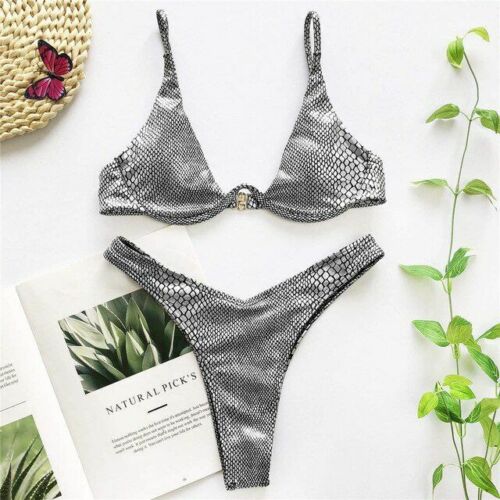 Women Swimsuit V-bar Underwired Ribbed Thong Swimwear Two-pieces Bikini Push Up