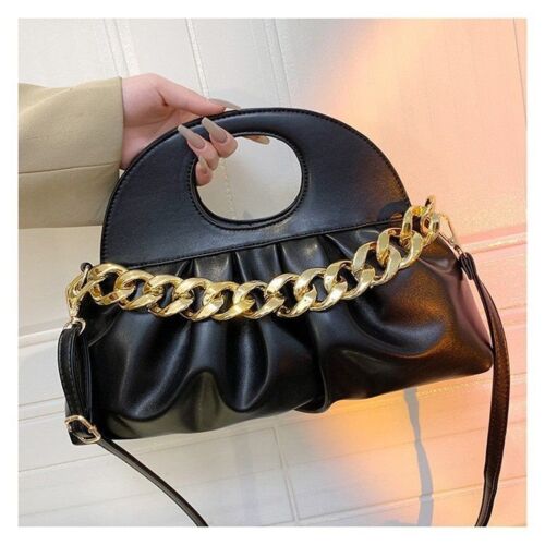 Handbag Thick Chain Handle Pleated Shell Bag Clutch Purses Crossbody Long Belt
