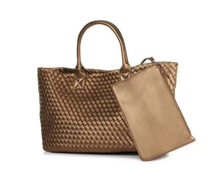Tote Synthetic Leather Knitting Shoulder Shopper Bag Woven Large Purse Black 1PC