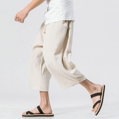 Man Cotton Linen Leg Pants Loose Calf-Length Pants Bloomer Summer Baggy Trousers