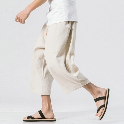 Man Cotton Linen Leg Pants Loose Calf-Length Pants Bloomer Summer Baggy Trousers