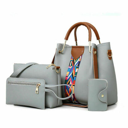 4PC Women PU Leather Handbag Shoulder Bag Crossbody Satchel Messenger Purse Tote