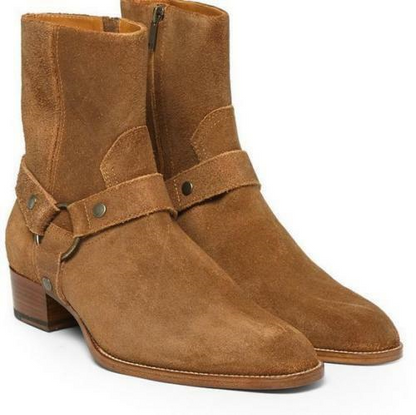 Chic Mens Side Zip Genuine Leather Suede Buckle Knight Ankle Boot Chelsea Shoes
